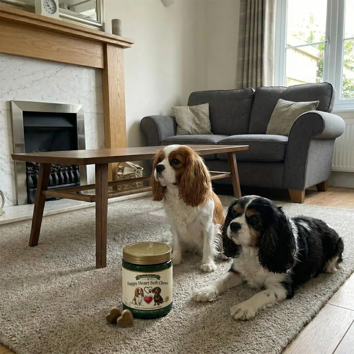 Two Cavaliers at home with the Happy Heart Soft Chews jar