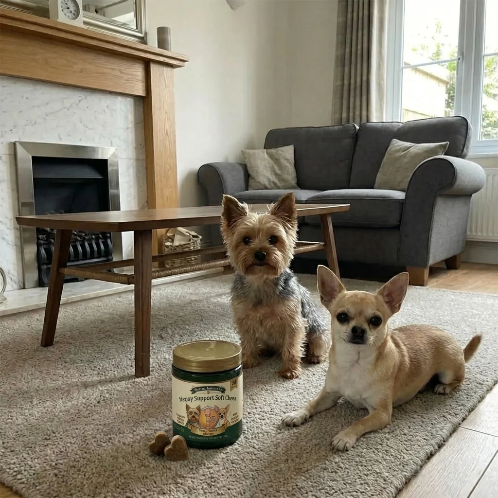 A Yorkshire Terrier and Chihuahua next to the Airway Support Soft Chews jar