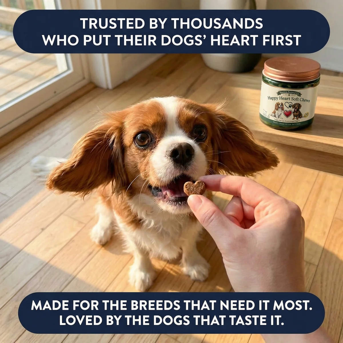 A Cavalier eating a heart-shaped Happy Heart soft chew from its owner