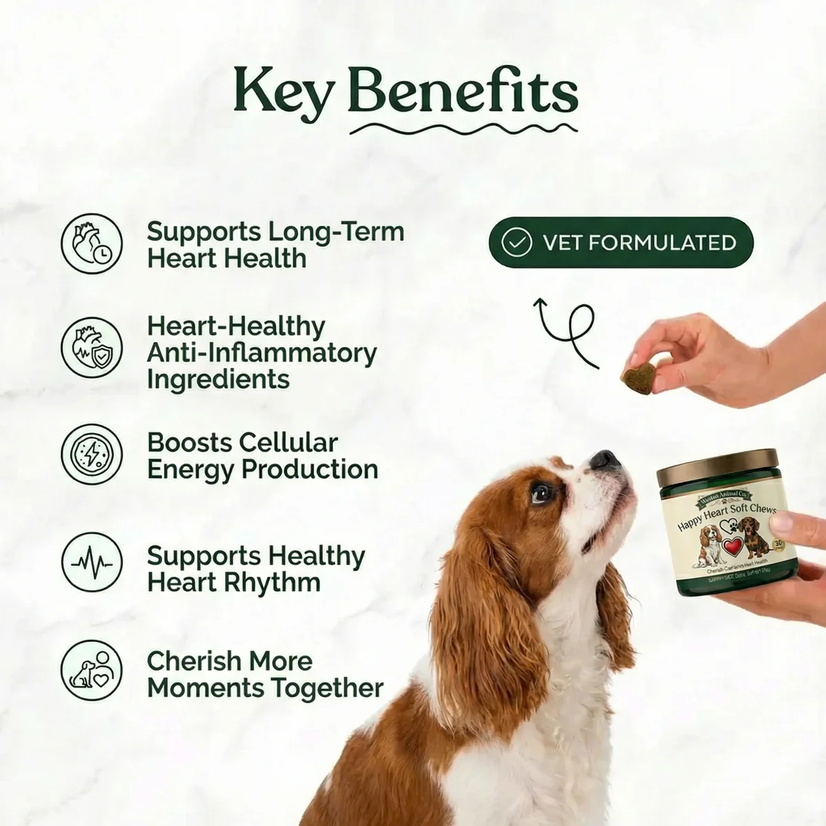Key benefits of Happy Heart Soft Chews — long-term heart health, anti-inflammatory, CoQ10 cellular energy, heart rhythm support