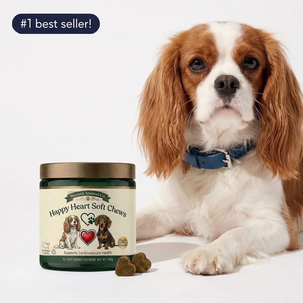 Happy Heart Soft Chews jar next to a Cavalier King Charles Spaniel — #1 best seller for cardiac support